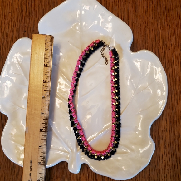 Pink & Black leather necklace with gold tone accents interwoven - Picture 2 of 4